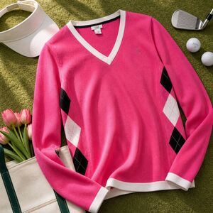 IZOD Pink Argyle Sweater Golfcore Preppy V Neck Tennis Knit Top L